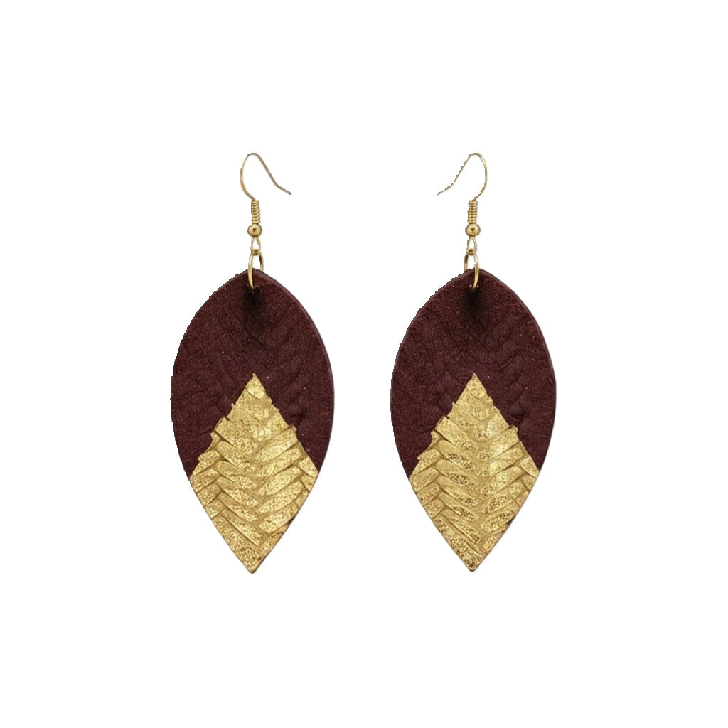 Burgundy and Gold Braided Leaf Leather Earrings