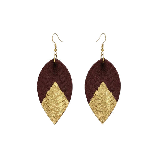 Burgundy and Gold Braided Leaf Leather Earrings