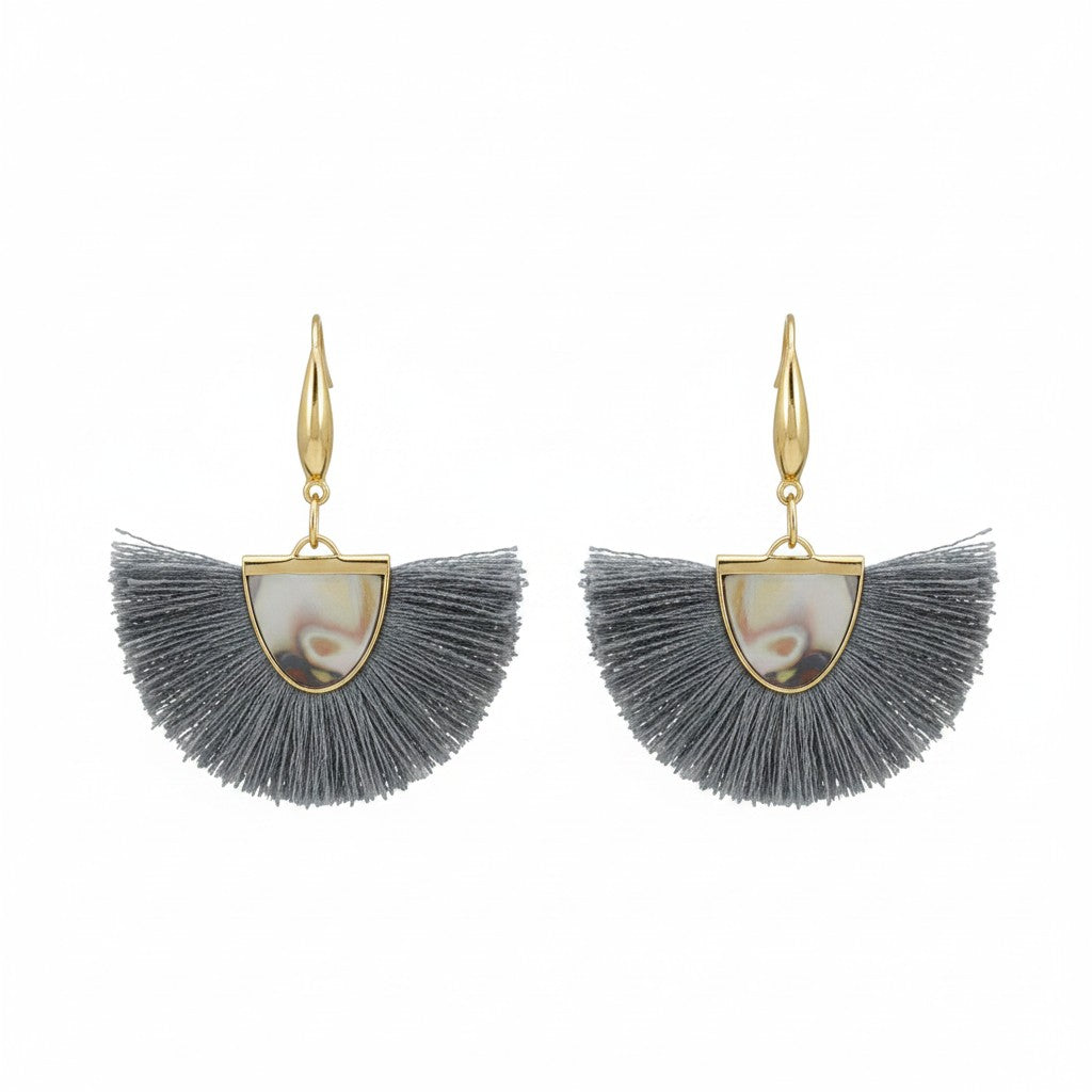 Gray Fan Tassel Earrings
