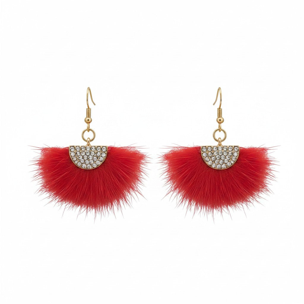 Red Mink Fur Fan Tassel Earrings