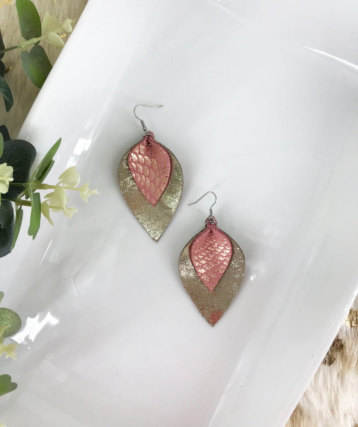 Rose Gold and Platinum Leather Earrings - E19-888