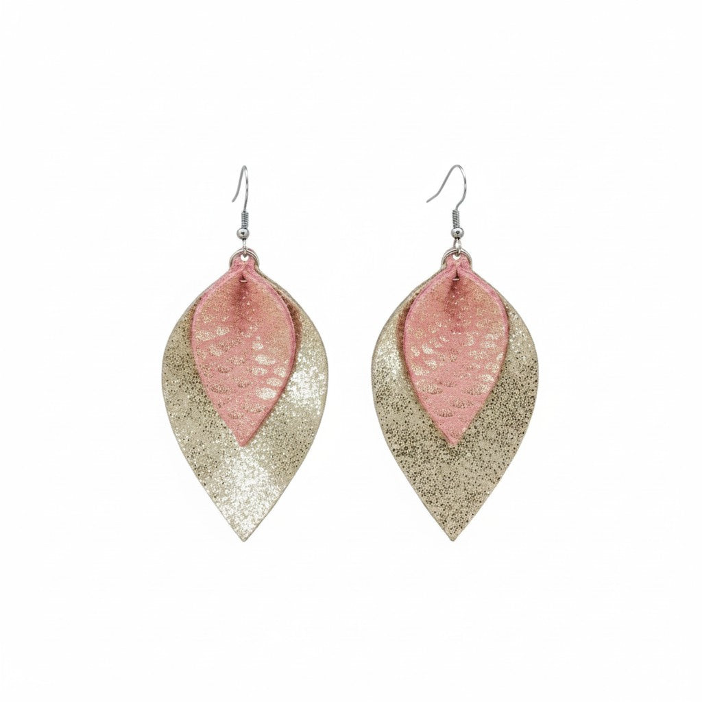 Rose Gold Dragon Layered Leaf Leather Earrings