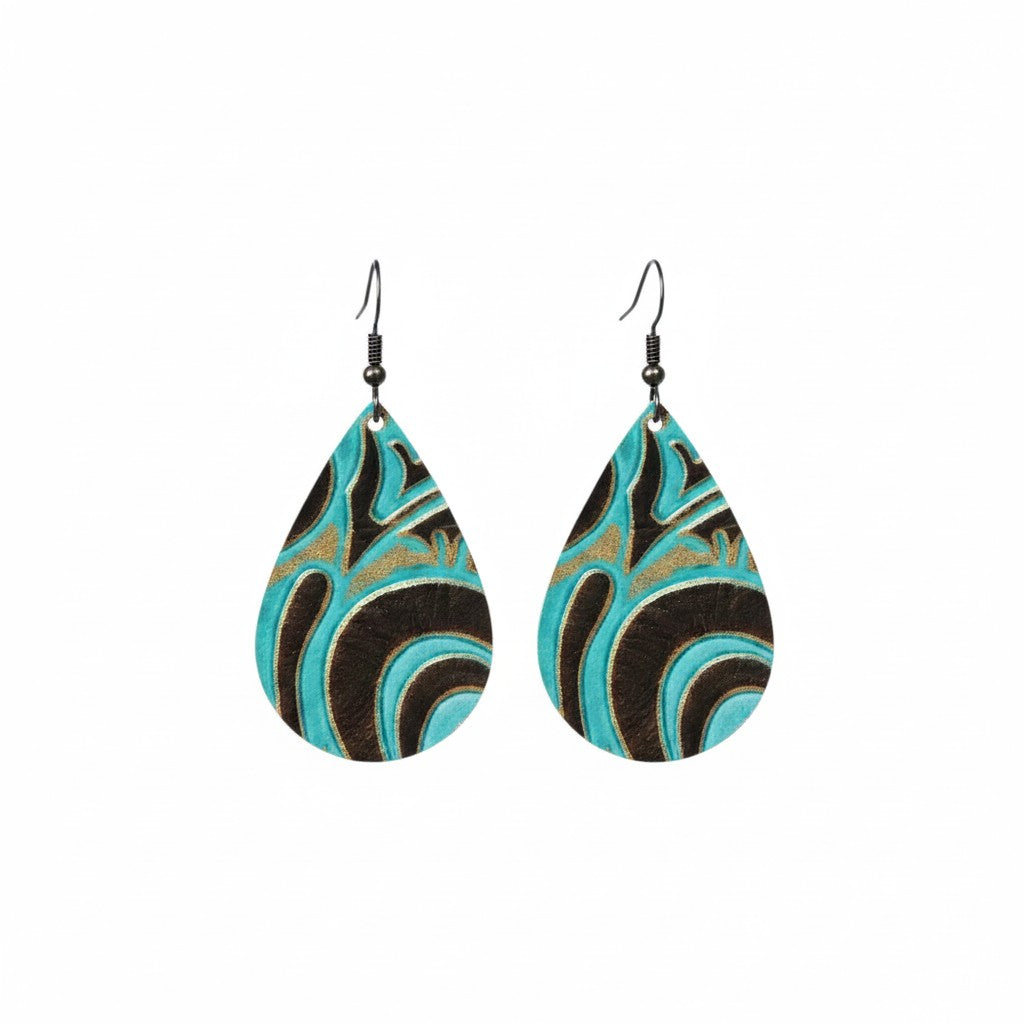 Turquoise Western Spiral Teardrop Leather Earrings