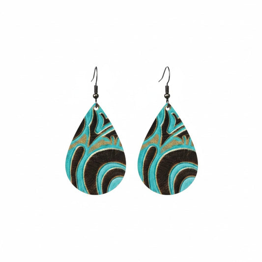 Turquoise Western Spiral Teardrop Leather Earrings