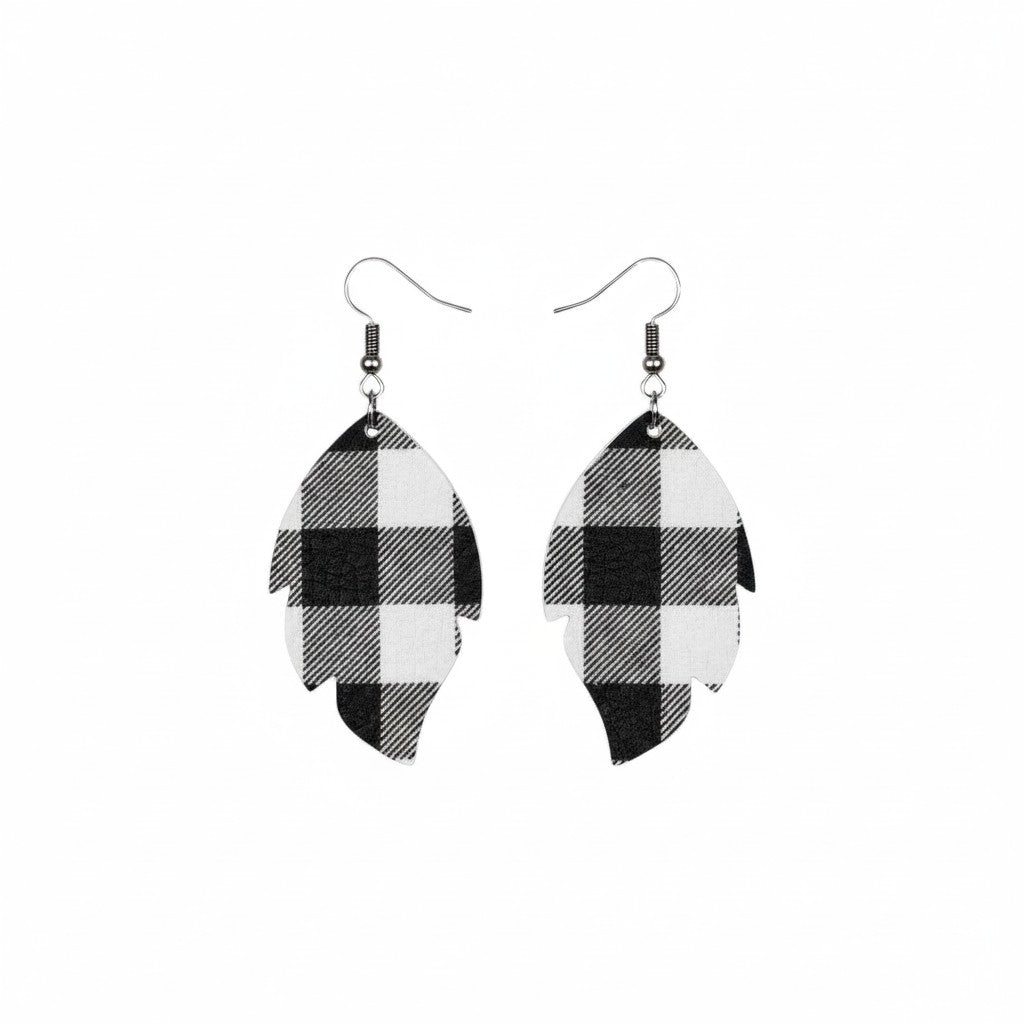 Black and White Buffalo Plaid Leaf Leather Earrings