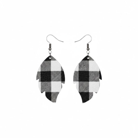 Black and White Buffalo Plaid Leaf Leather Earrings