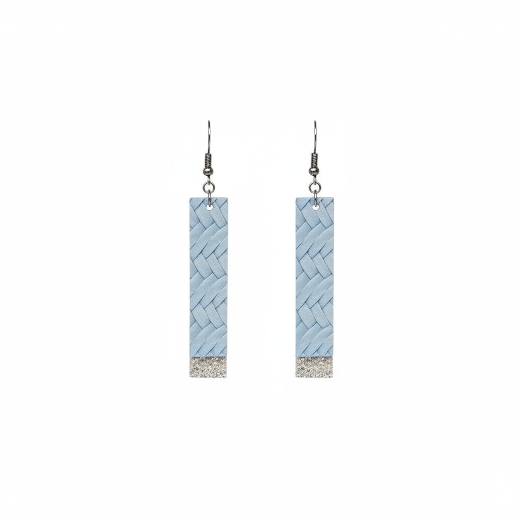 Baby Blue Braided Bar Leather Earrings