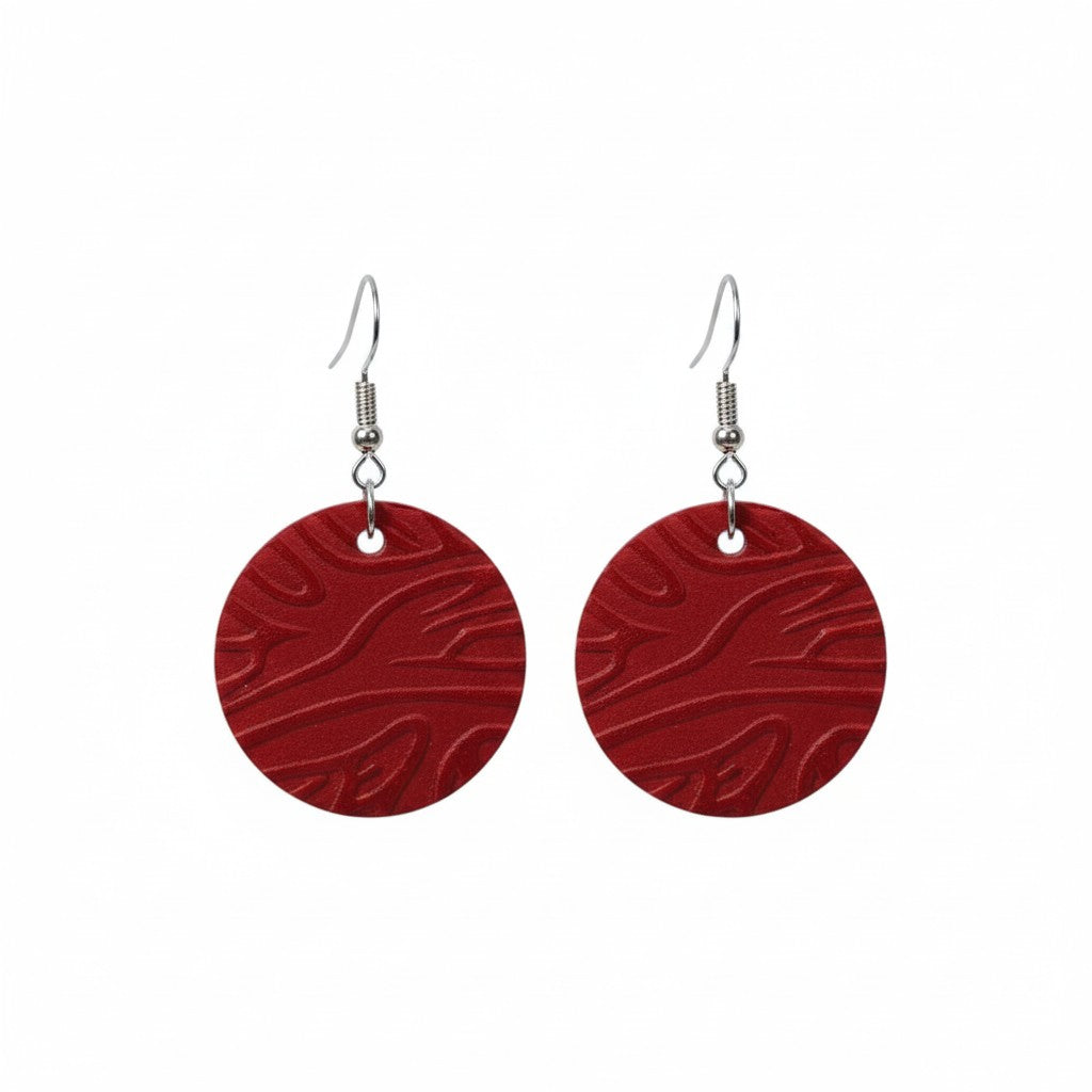 Red Embossed Circle Leather Earrings