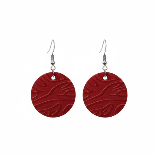 Red Embossed Circle Leather Earrings
