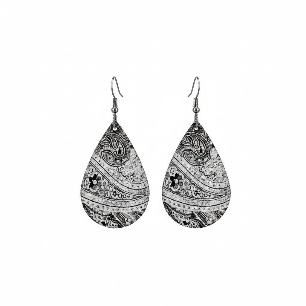 Black and White Paisley Teardrop Leather Earrings