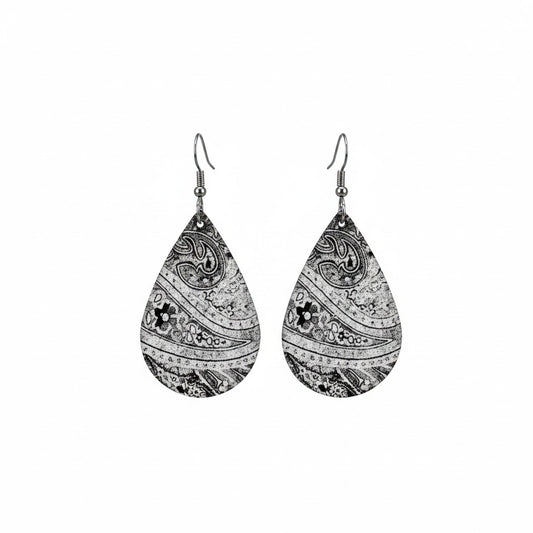 Black and White Paisley Teardrop Leather Earrings