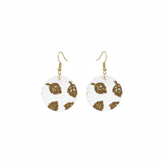 Gold Leaf White Round Leather Earrings