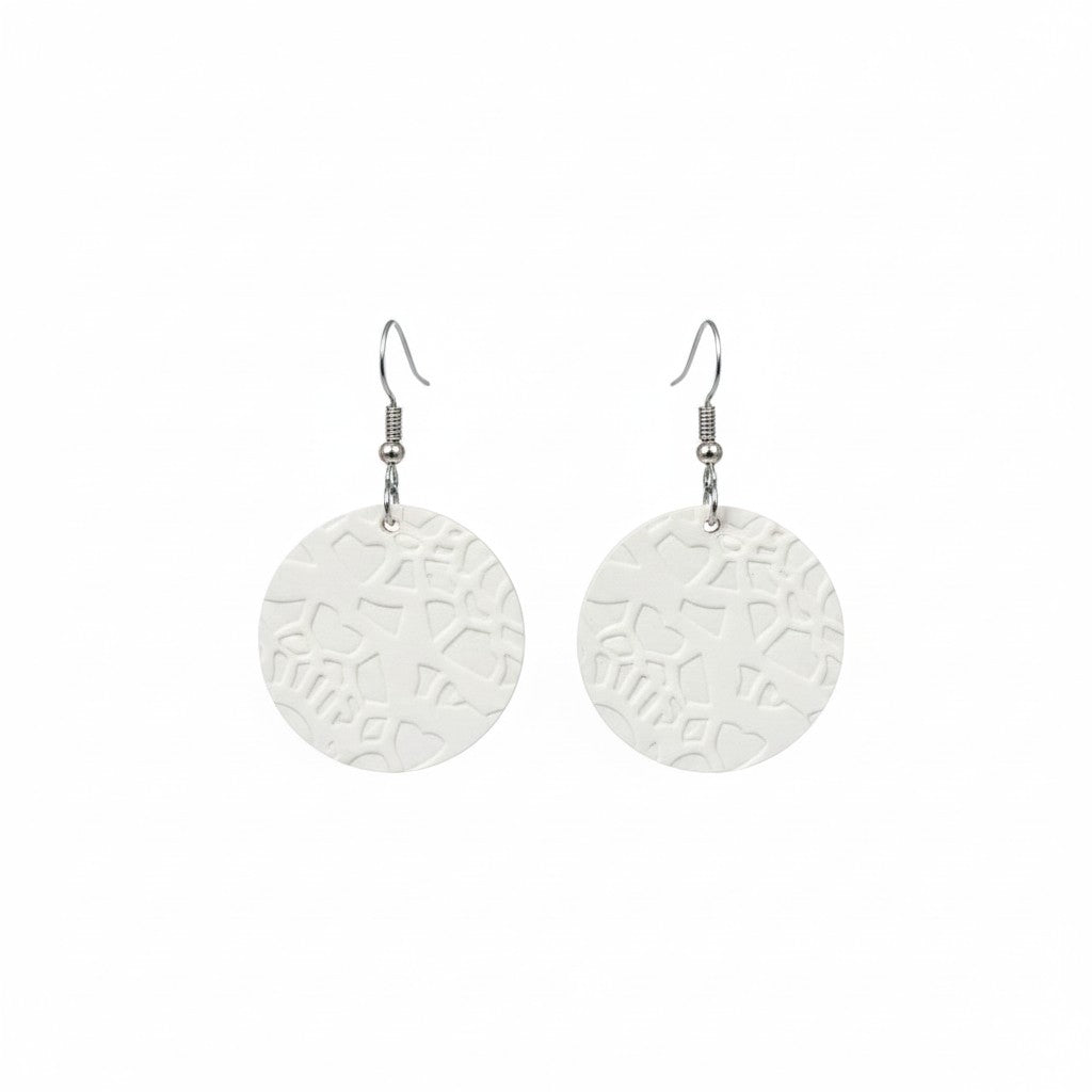 White Embossed Round Leather Earrings