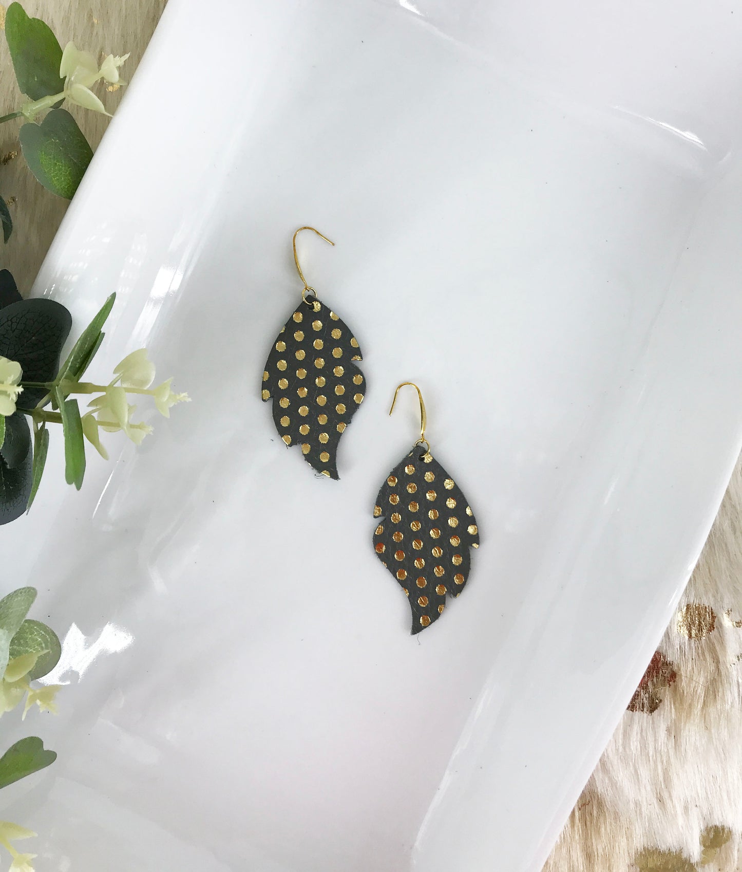 Metallic Grey and Gold Polka Dot Leather Earrings - E19-937