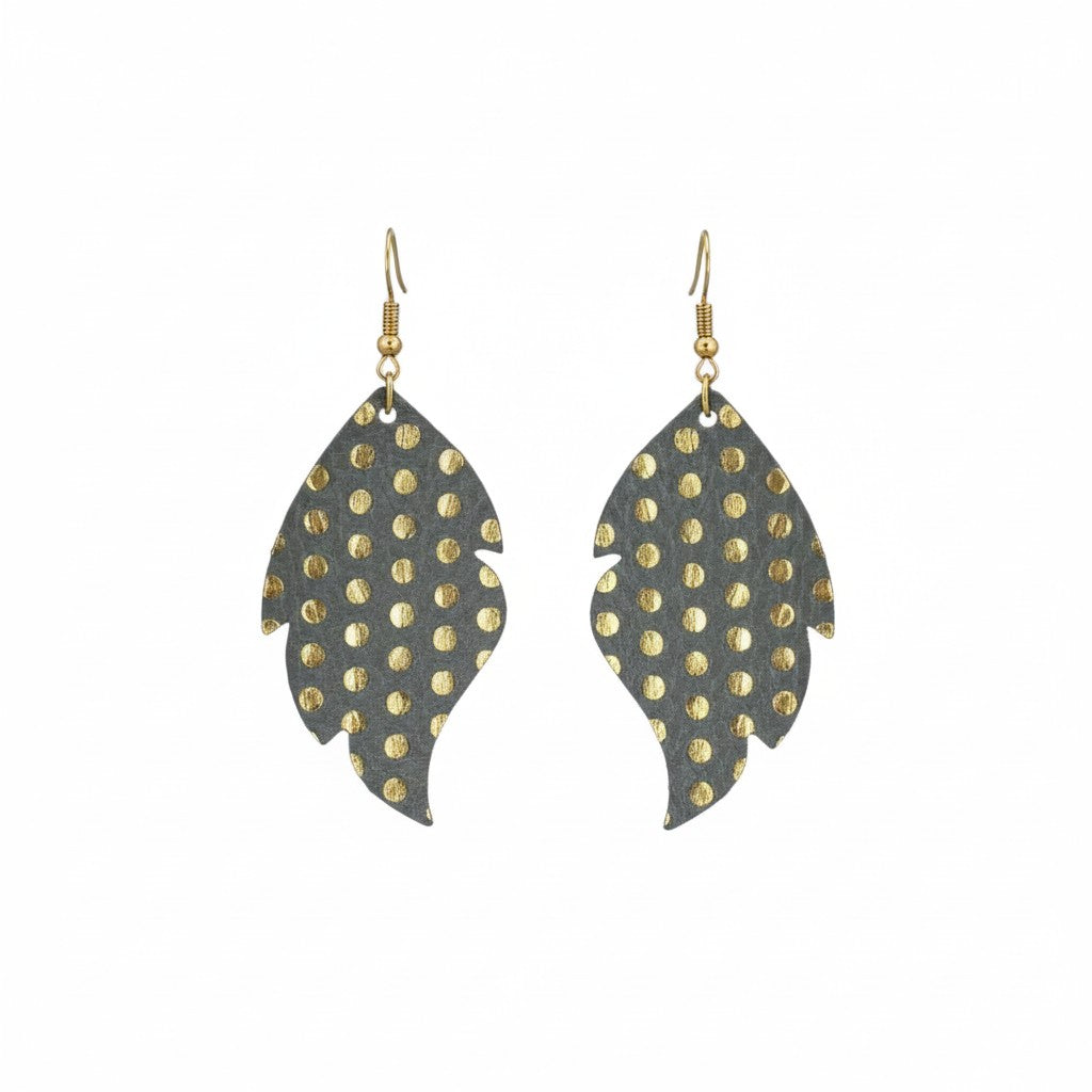 Metallic Grey Gold Dot Scalloped Leaf Leather Earrings