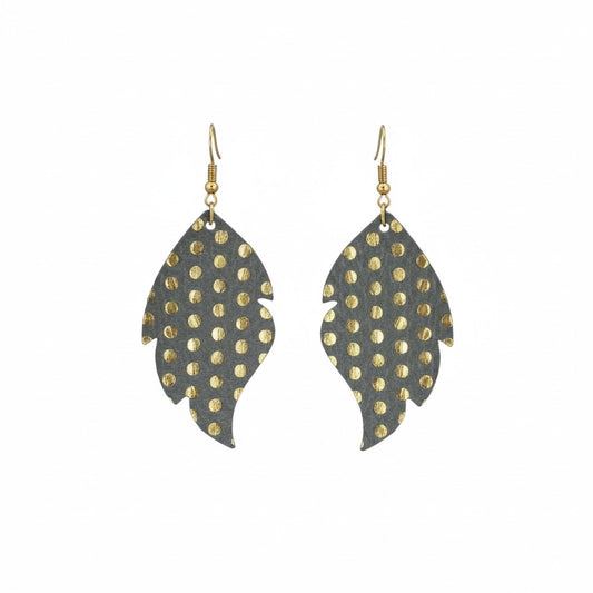 Metallic Grey Gold Dot Scalloped Leaf Leather Earrings