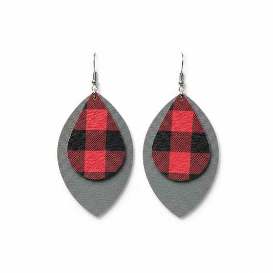 Grey Buffalo Plaid Layered Leaf Leather Earrings