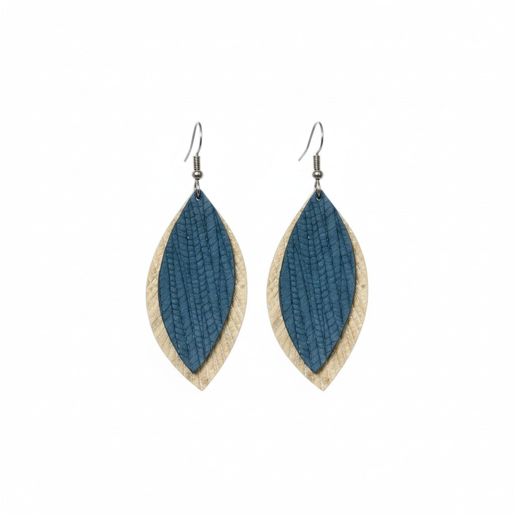Creamy Camel Teal Layered Palm Leaf Leather Earrings