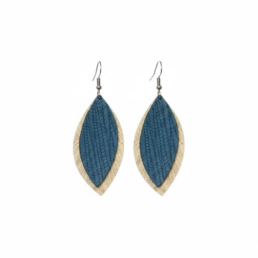 Creamy Camel Teal Layered Palm Leaf Leather Earrings
