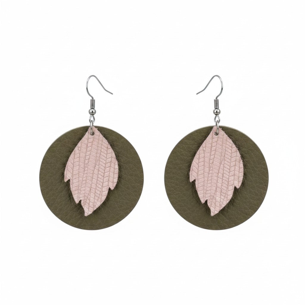 Pewter Light Pink Layered Circle Leather Earrings