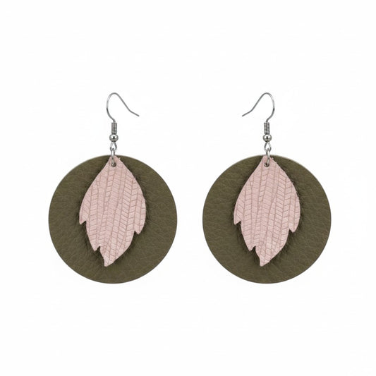 Pewter Light Pink Layered Circle Leather Earrings