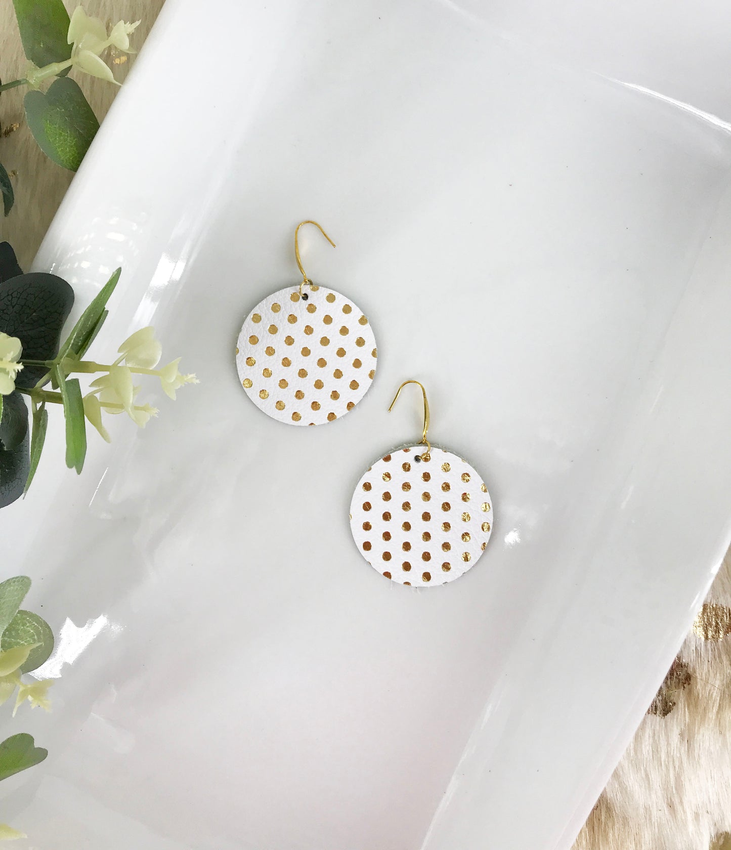 White and Gold Polka Dot Leather Earrings - E19-953
