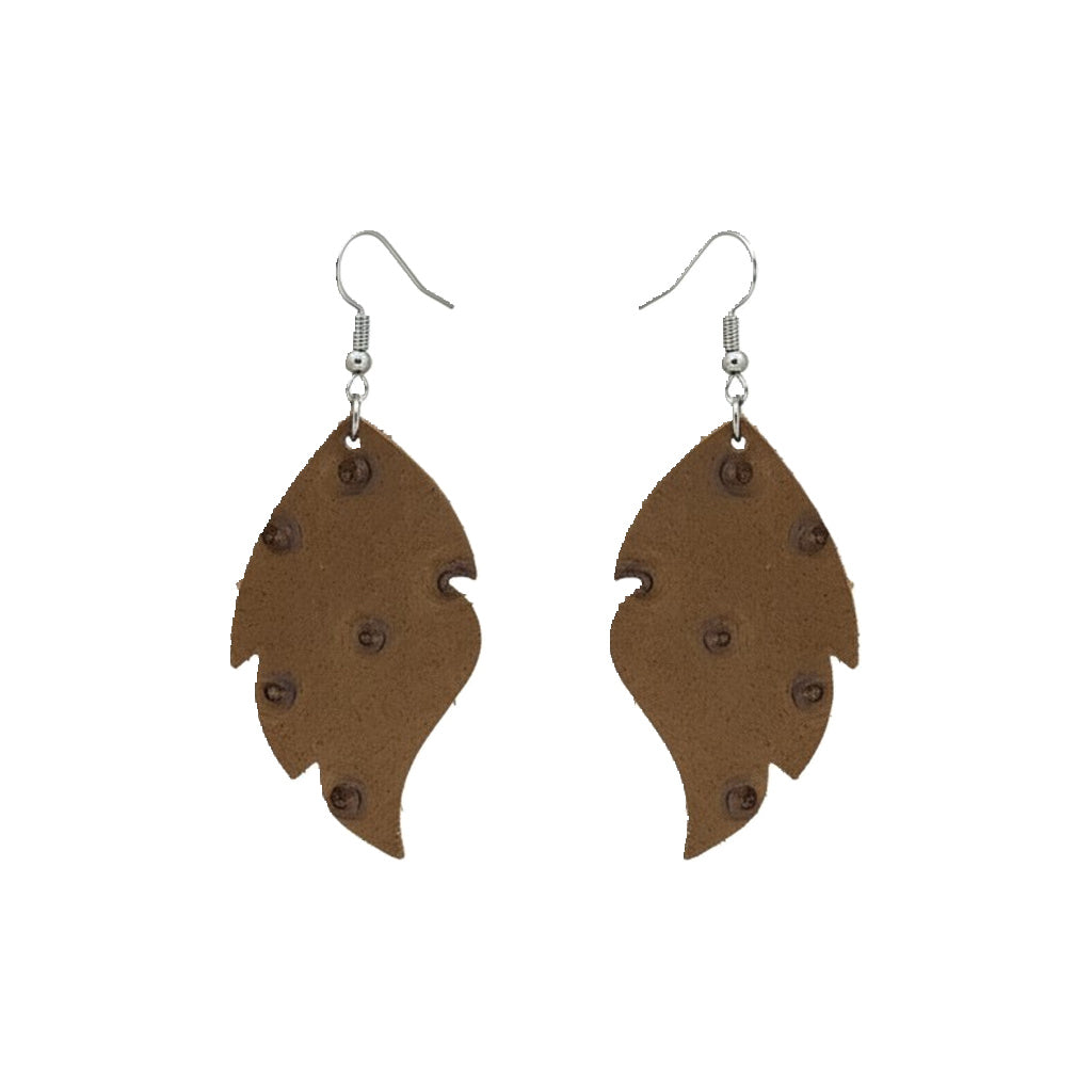 Dirty Brown Ostrich Scalloped Leaf Leather Earrings