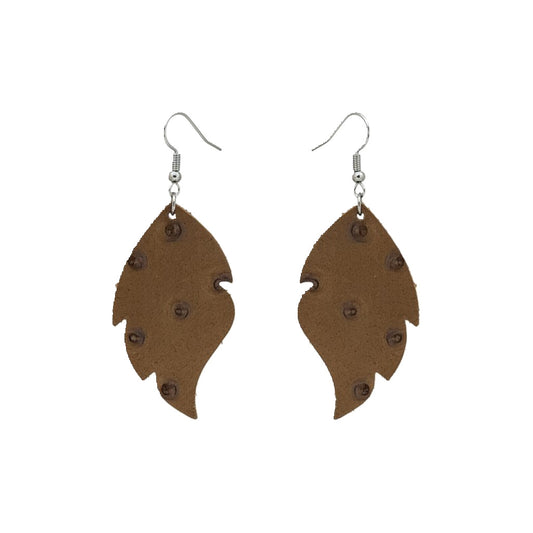 Dirty Brown Ostrich Scalloped Leaf Leather Earrings