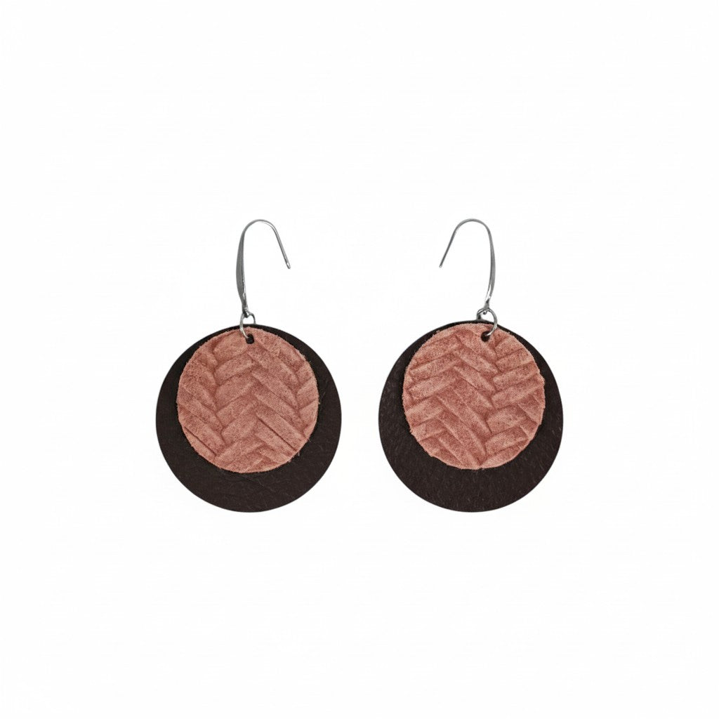 Milk Chocolate Cameo Pink Layered Circle Leather Earrings