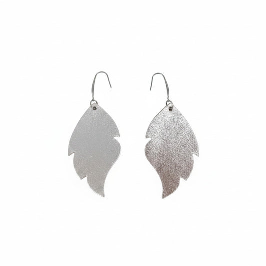 Metallic Silver Feather Leather Earrings