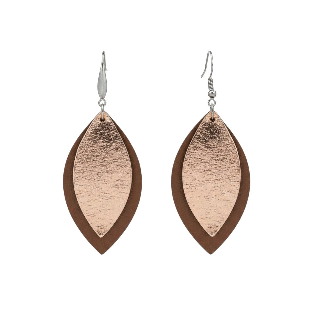 Tobacco Brown Rose Gold Layered Leather Earrings