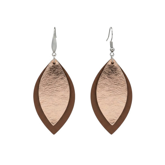Tobacco Brown Rose Gold Layered Leather Earrings