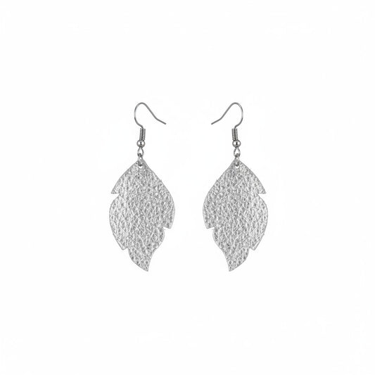 Pebbled Silver Metallic Scalloped Leaf Leather Earrings