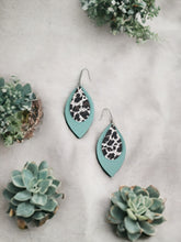 Load image into Gallery viewer, Aqua and Leopard Leather Earrings - E19-983