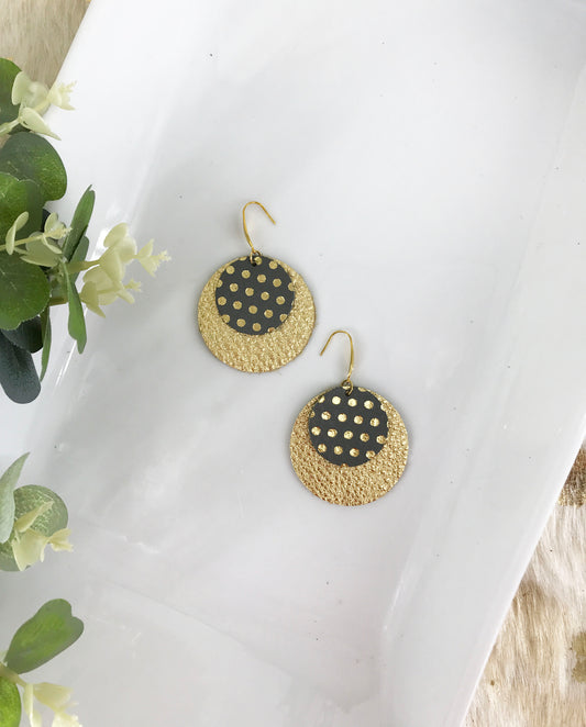 Gold with Metallic Grey and Gold Polka Dot Leather Earrings - E19-994