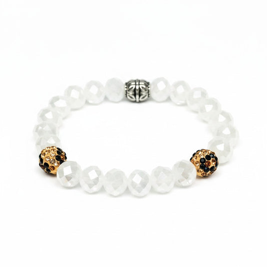 White AB Glass Bead Stretch Bracelet with Leopard Rhinestone Accents