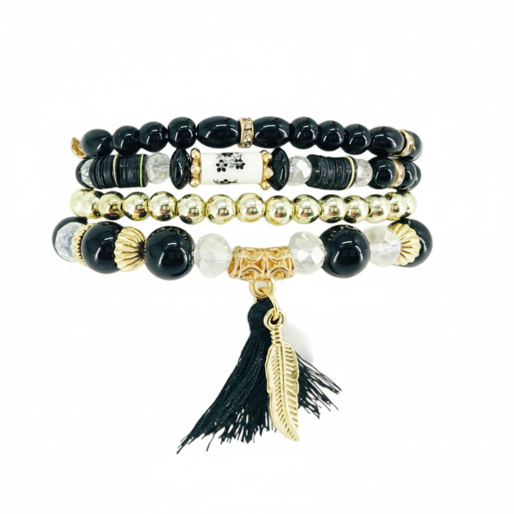 Black Tassel Multi-Layered Stack Bracelet Set