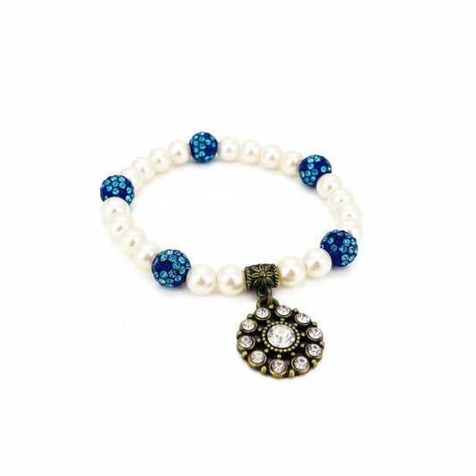 Glass Pearl Blue Rhinestone Charm Bracelet