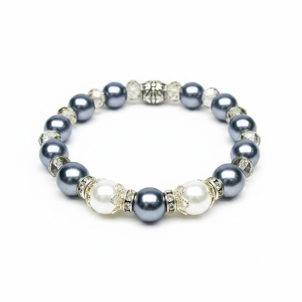 Gray and White Glass Bead Stretch Bracelet