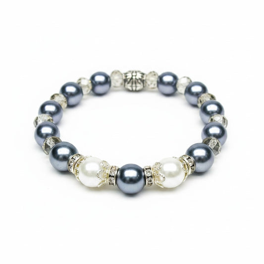Gray and White Glass Bead Stretch Bracelet