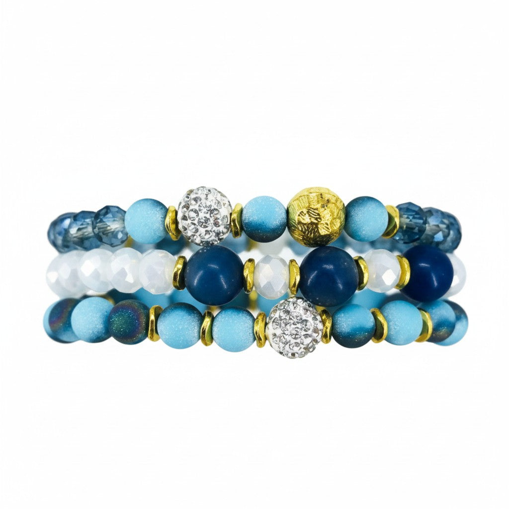 Coastal Blue Glass Bead Stack Bracelet Set