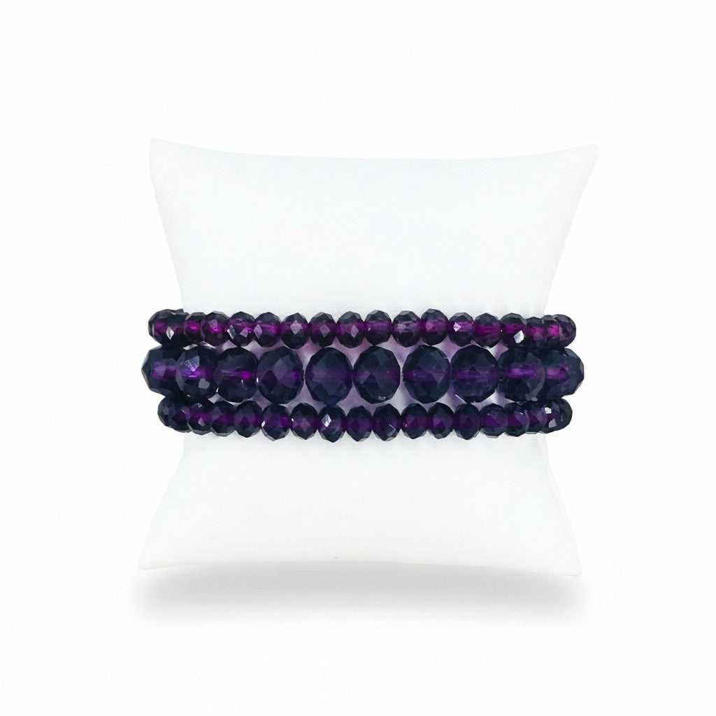 Purple Glass Bead Three-Strand Stretch Bracelet