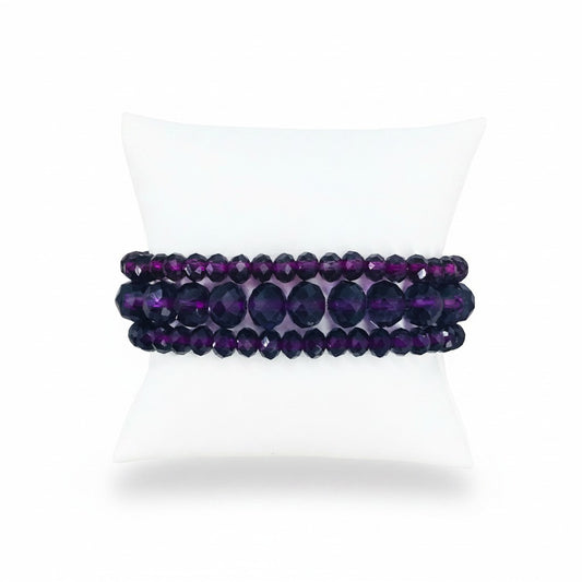 Purple Glass Bead Three-Strand Stretch Bracelet
