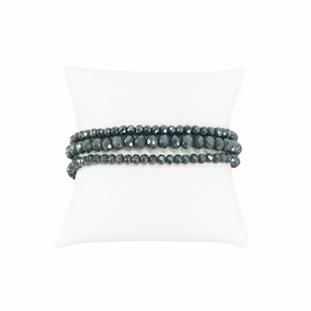 Gray Glass Bead Three-Strand Stretch Bracelet