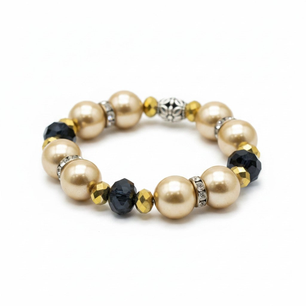 Gold Glass Pearl and Black Glass Bead Stretch Bracelet