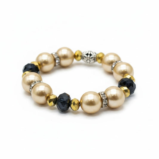 Gold Glass Pearl and Black Glass Bead Stretch Bracelet