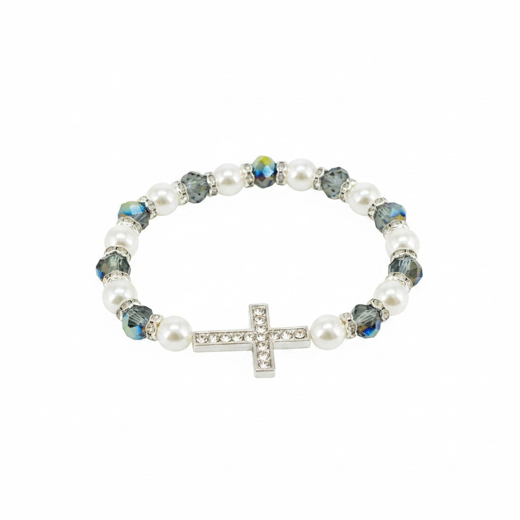 Clear Rhinestone Cross and Metallic Blue Glass Bead Stretch Bracelet