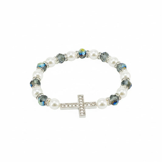 Clear Rhinestone Cross and Metallic Blue Glass Bead Stretch Bracelet