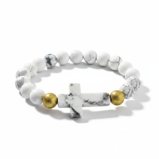 Matte White Howlite Cross Natural Gemstone Stretch Bracelet