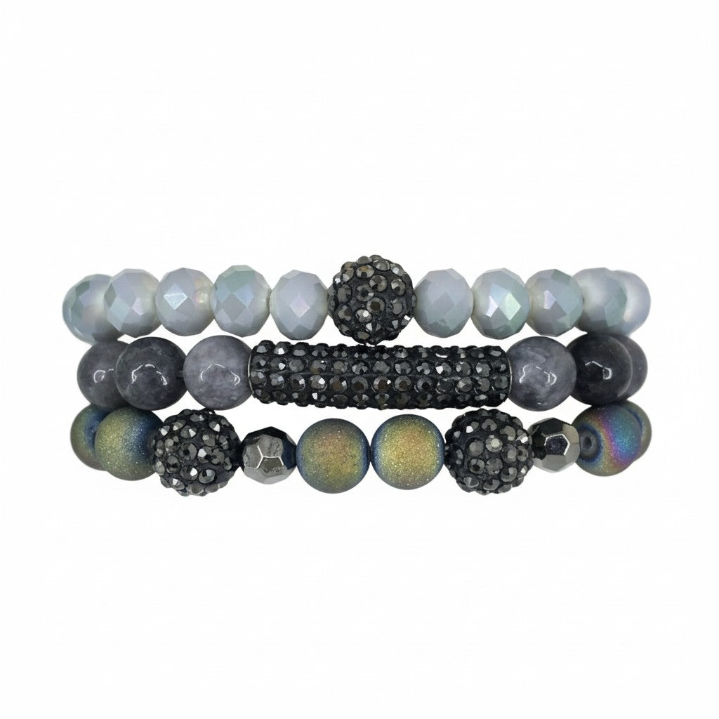 Smoky Ice Glass Bead Stack Bracelet Set